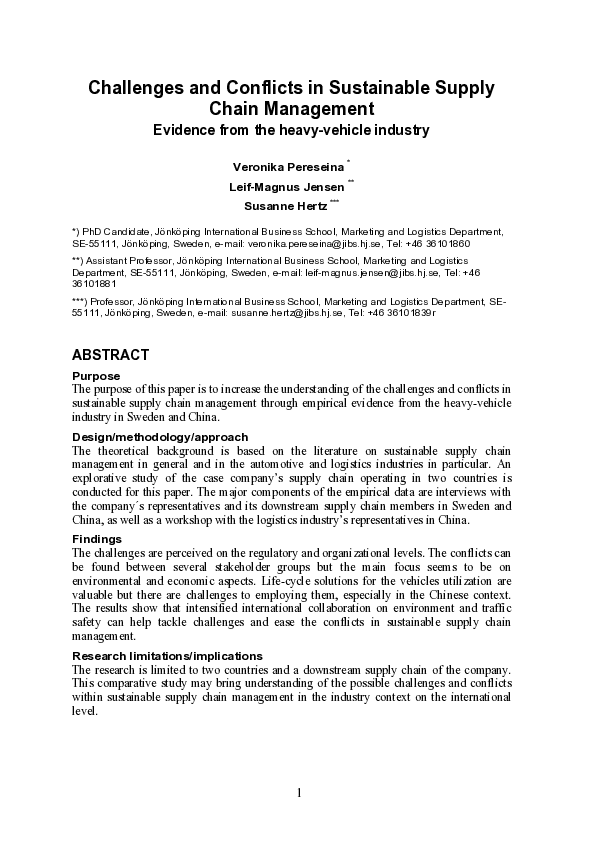 (PDF) Challenges and Conflicts in Sustainable Supply Chain Management ...