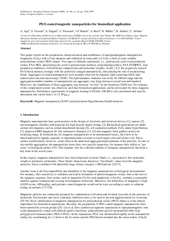 (PDF) PEO coated magnetic nanoparticles for biomedical application