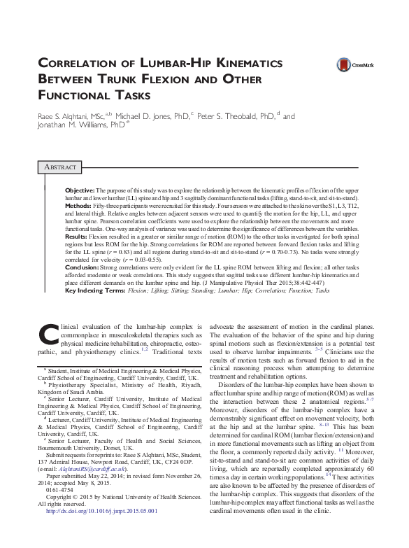 (PDF) Correlation of Lumbar-Hip Kinematics Between Trunk Flexion and ...