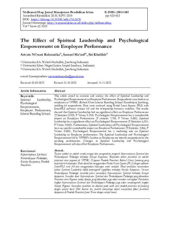 (PDF) The Effect of Spiritual Leadership and Psychological Empowerment ...