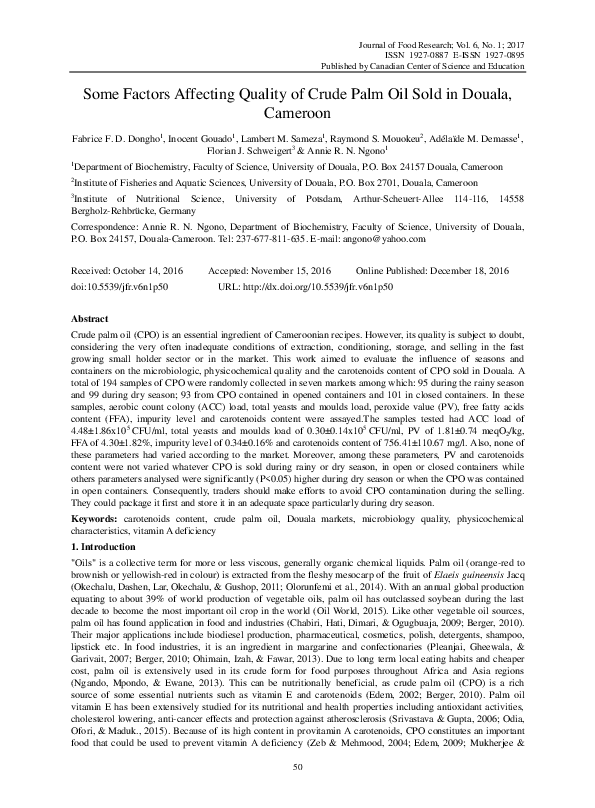 (PDF) Some Factors Affecting Quality of Crude Palm Oil Sold in Douala ...