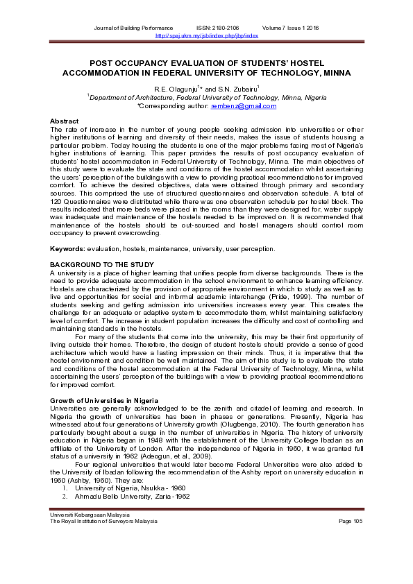 (PDF) Post Occupancy Evaluation of Students’ Hostel Accommodation in ...