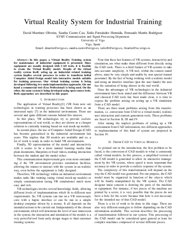 (PDF) Virtual Reality System for Industrial Training