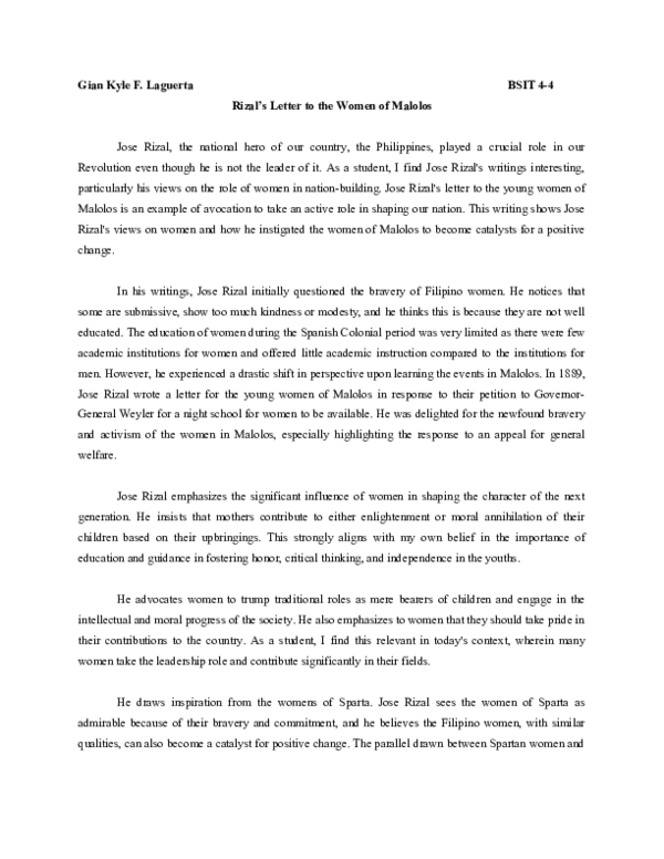 (DOC) Rizal's letter to the women of Malolos