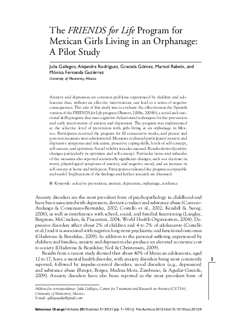 (PDF) The FRIENDS for Life Program for Mexican Girls Living in an ...
