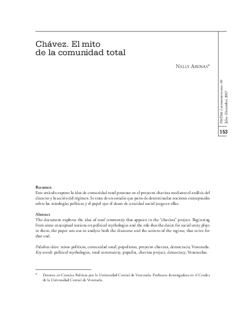 Chávez. El mito de la comunidad total Nelly Arenas Cuba: escenario demográfico de un país en vías de desarrollo con decrecimiento poblacional