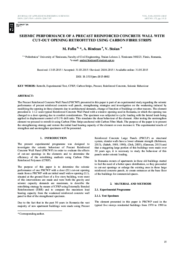 (PDF) Seismic Performance Of A Precast Reinforced Concrete Wall With ...