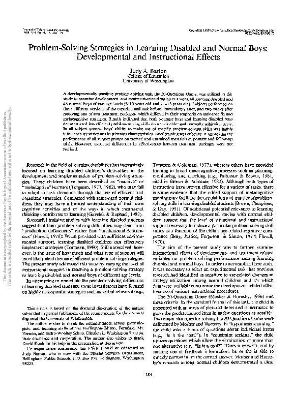 (PDF) Problem-solving strategies in learning disabled and normal boys ...