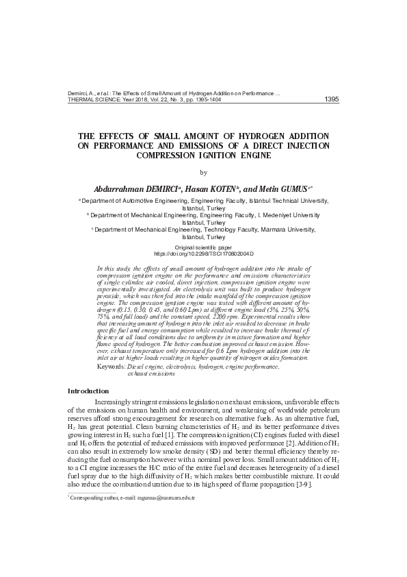 (PDF) The effects of small amount of hydrogen addition on performance ...