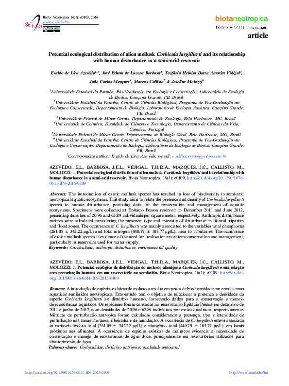 Potential ecological distribution of alien mollusk Corbicula largillierti and its relationship with human disturbance in a semi-arid reservoir