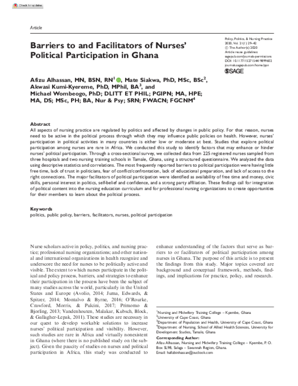 (PDF) Barriers to and Facilitators of Nurses’ Political Participation ...