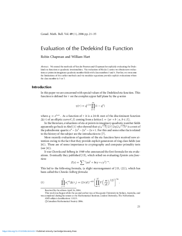 (PDF) Evaluation of the Dedekind Eta Function