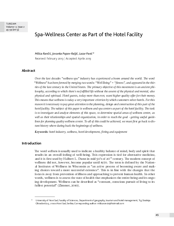 (PDF) Spa-wellness center as part of the hotel facility