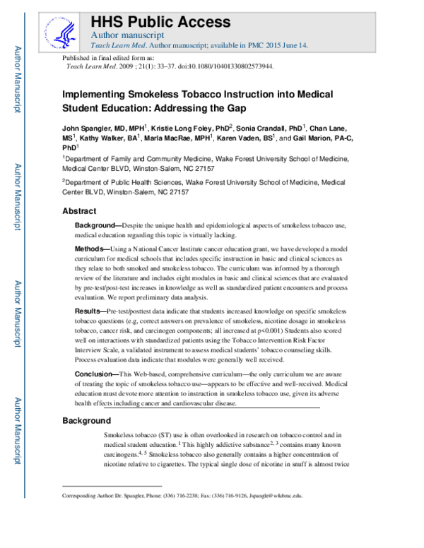 (PDF) Implementing Smokeless Tobacco Instruction Into Medical Student