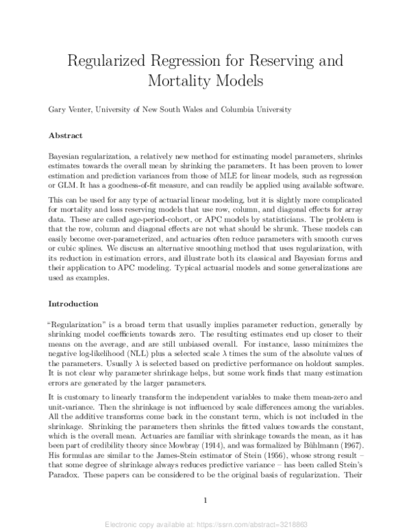 (PDF) Regularized Regression for Reserving and Mortality Models