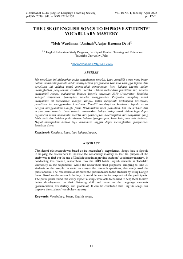 (PDF) The Use of English Songs to Improve Students’ Vocabulary Mastery