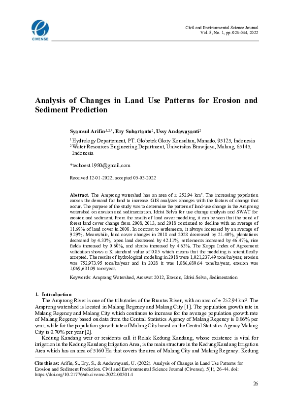 (PDF) Analysis of Changes in Land Use Patterns for Erosion and Sediment ...