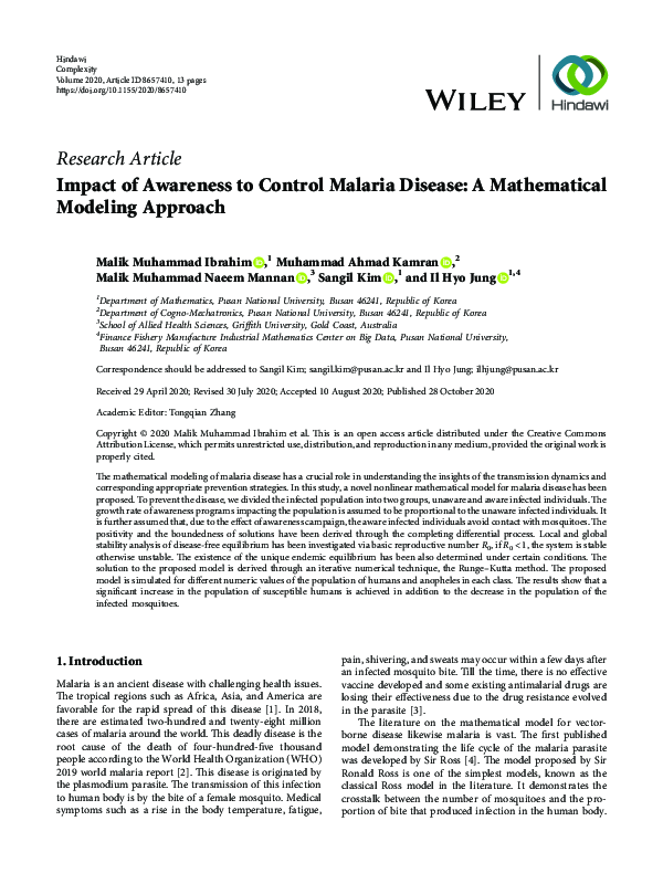 (PDF) Impact of Awareness to Control Malaria Disease: A Mathematical ...