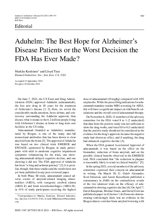 (PDF) Aduhelm: The Best Hope for Alzheimer’s Disease Patients or the ...
