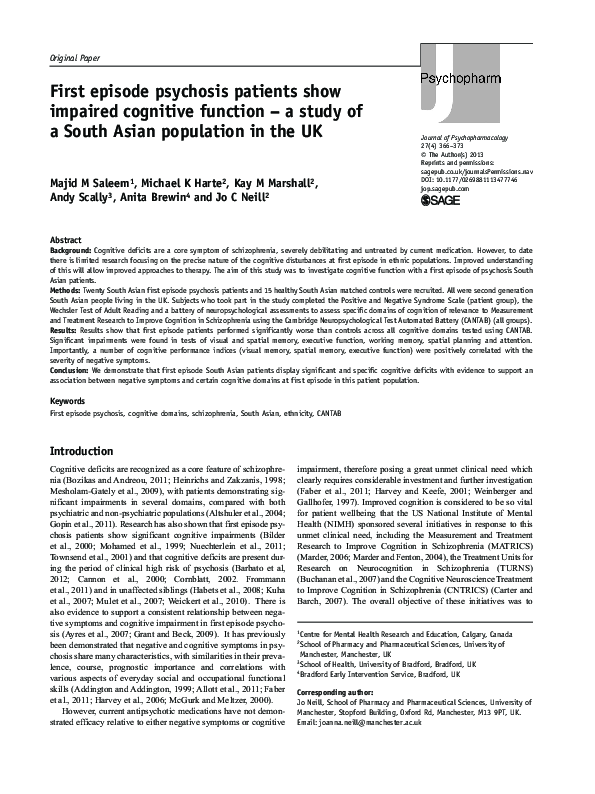 (PDF) First episode psychosis patients show impaired cognitive function ...