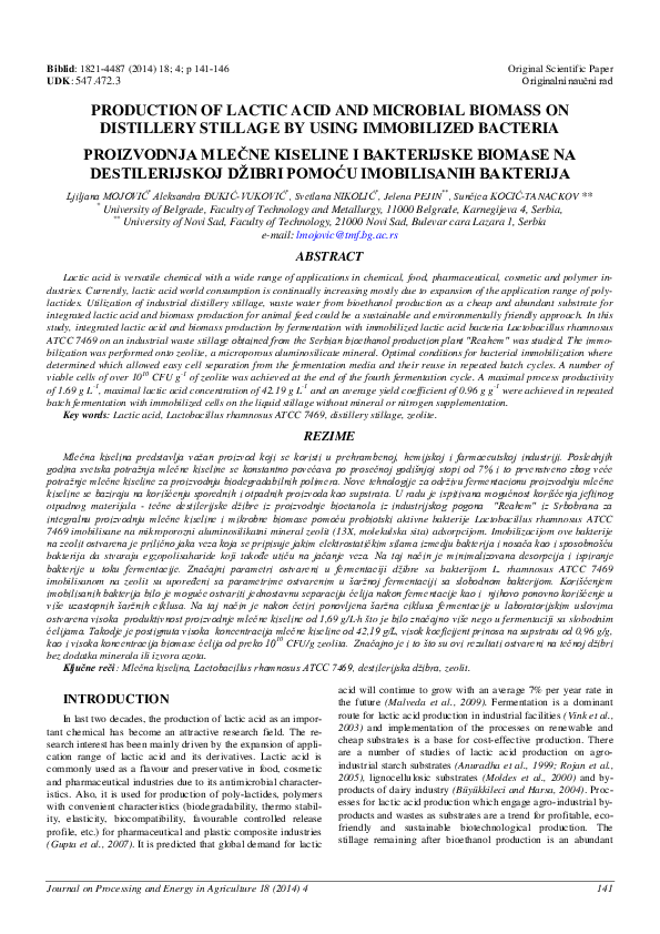 (PDF) Production of lactic acid and microbial biomass on distillery ...