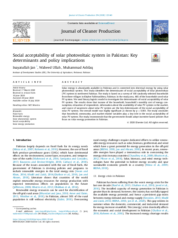 (PDF) Social acceptability of solar photovoltaic system in Pakistan ...