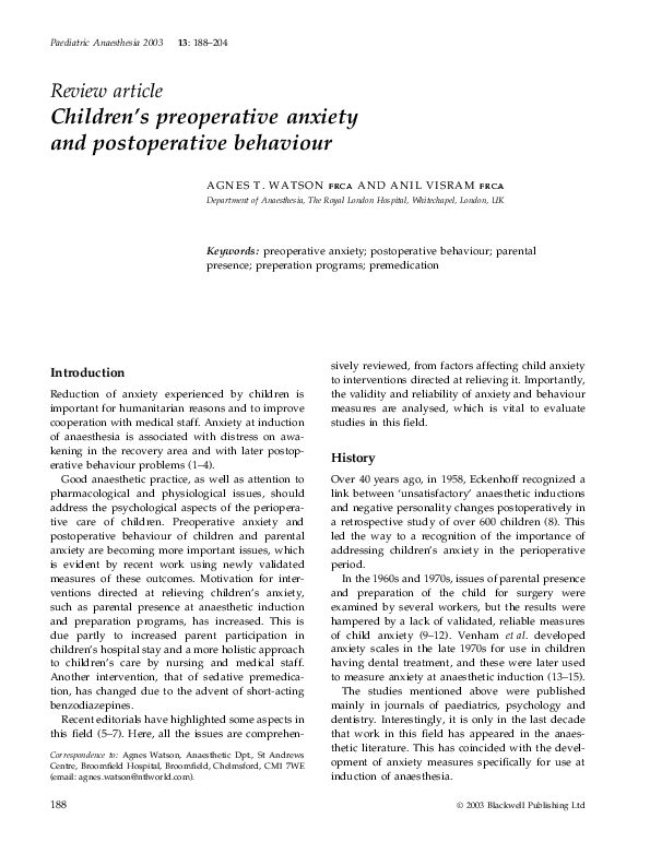 (PDF) Children's preoperative anxiety and postoperative behaviour