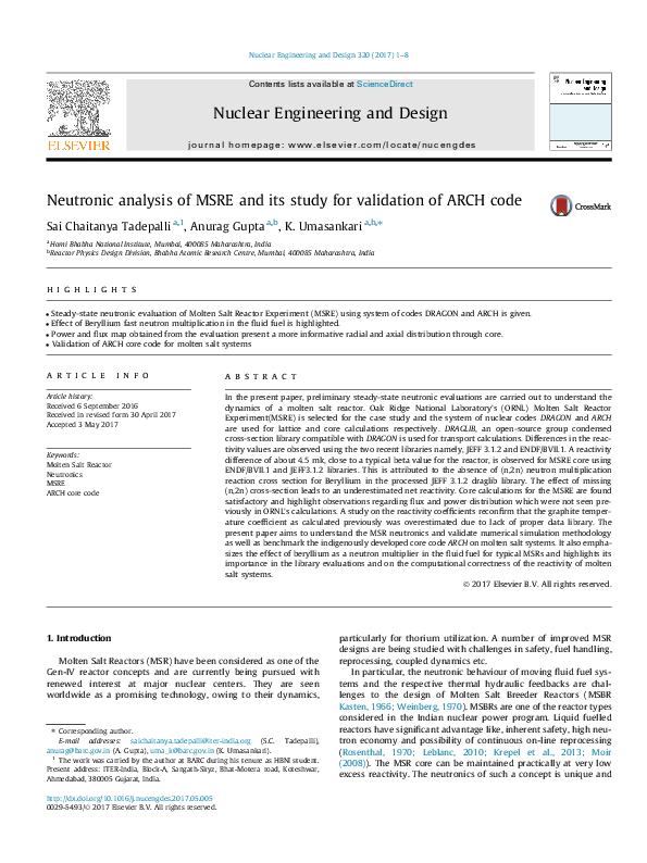(PDF) Neutronic analysis of MSRE and its study for validation of ARCH code