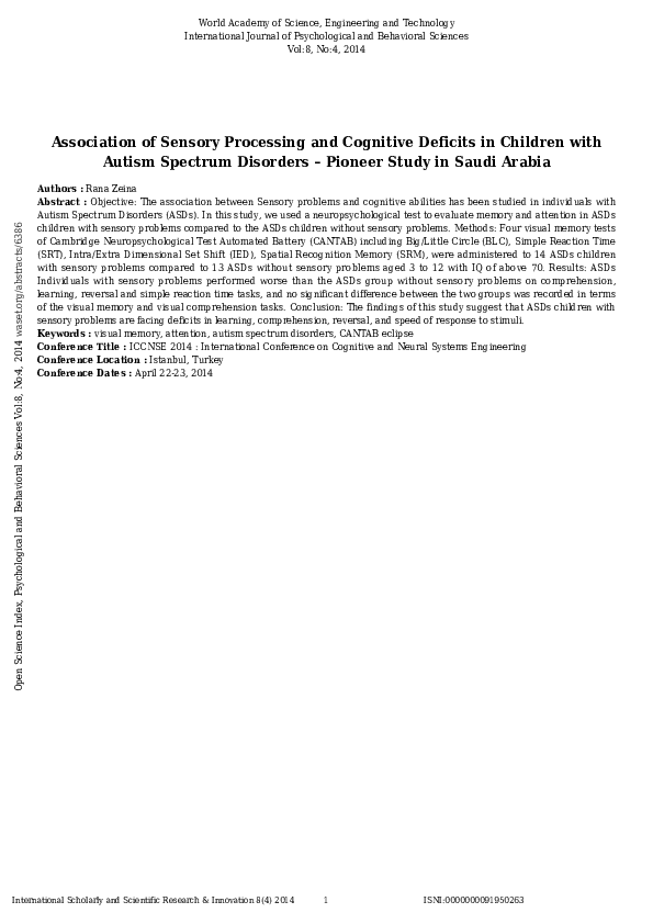 (PDF) Association of Sensory Processing and Cognitive Deficits in ...