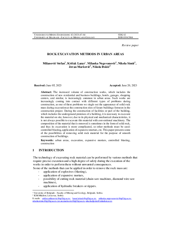 (PDF) Rock excavation methods in urban areas