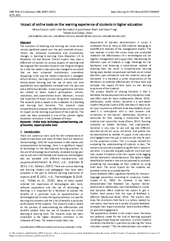 (PDF) Impact of online tools on the learning experience of students in ...