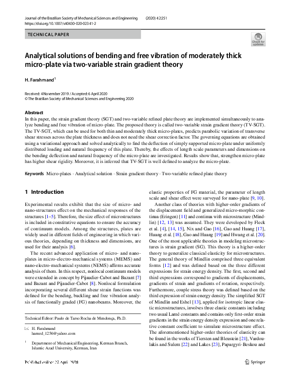 (PDF) Analytical solutions of bending and free vibration of moderately ...
