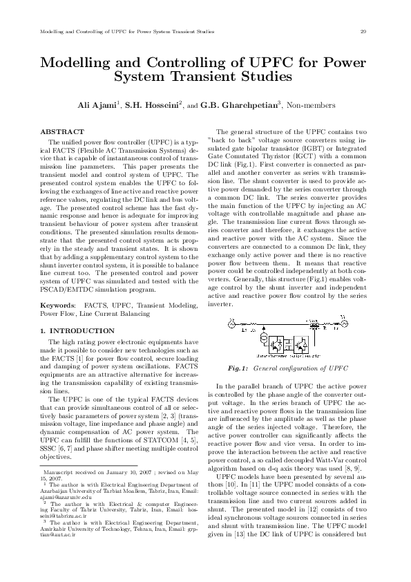(PDF) Modelling and Controlling of UPFC for Power System Transient Studies
