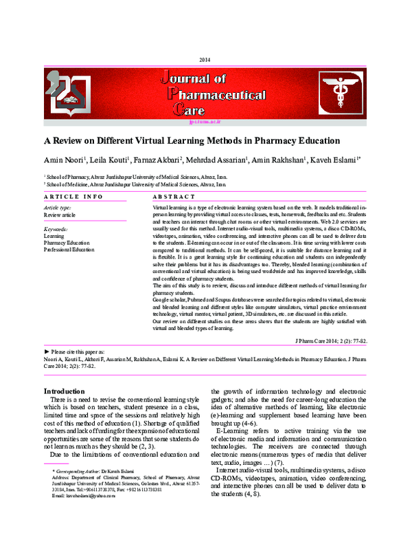(PDF) A Review on Different Virtual Learning Methods in Pharmacy Education