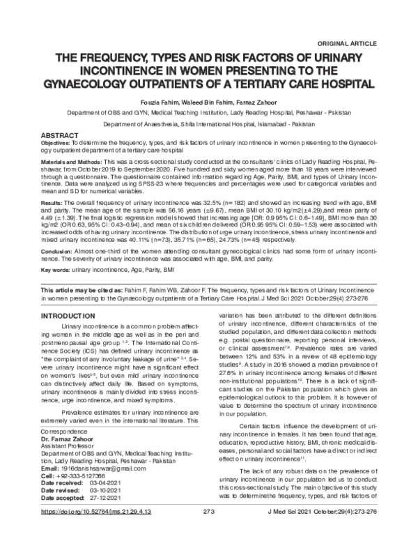 (PDF) The Frequency, Types and Risk Factors of Urinary Incontinence in ...