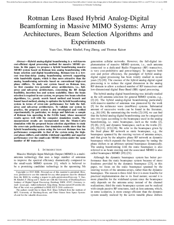 (PDF) Rotman Lens Based Hybrid Analog–Digital Beamforming in Massive ...