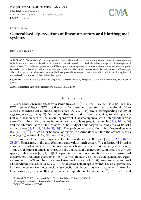 (PDF) Generalized eigenvectors of linear operators and biorthogonal systems