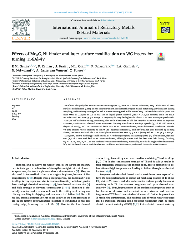 (PDF) Effects of Mo2C, Ni binder and laser surface modification on WC ...