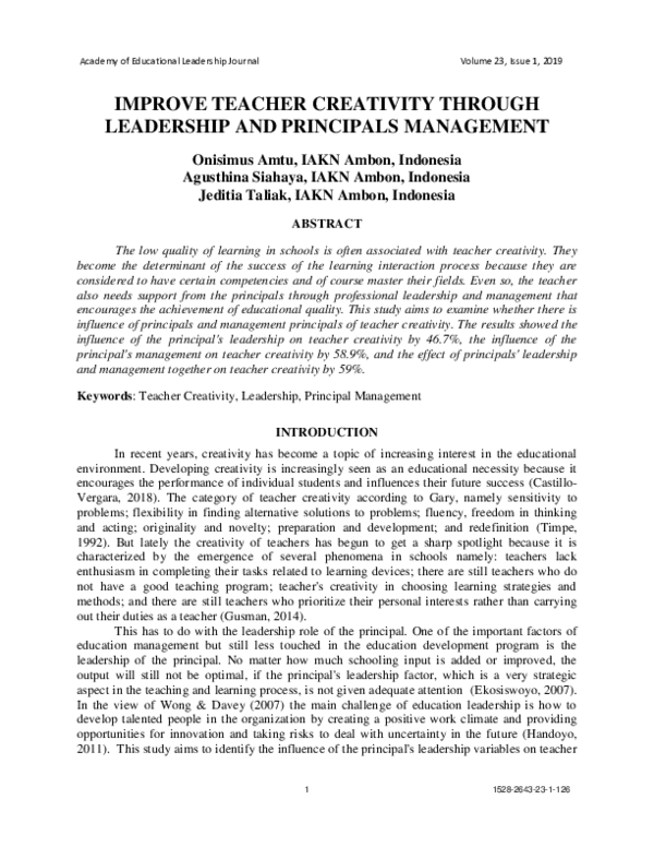(PDF) Improve Teacher Creativity through Leadership and Principals ...