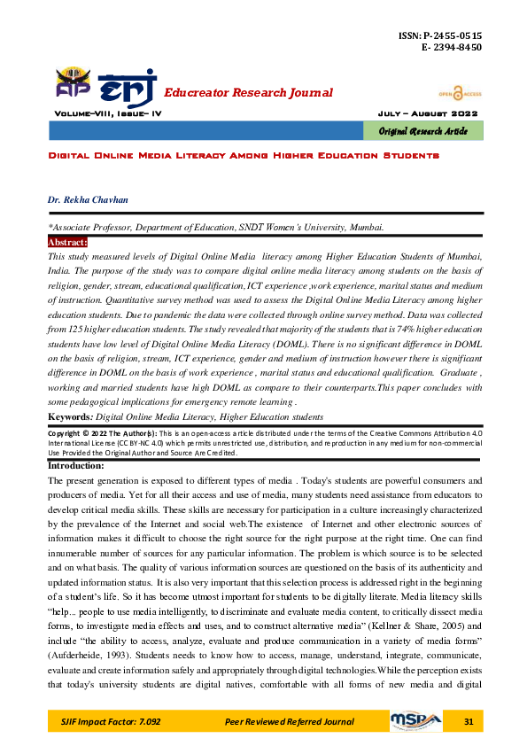 (PDF) Digital Online Media Literacy Among Higher Education Students