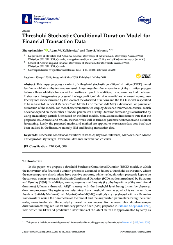 (PDF) Threshold Stochastic Conditional Duration Model for Transaction Data