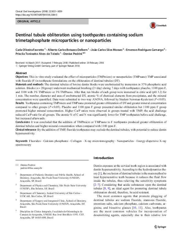 (PDF) Dentinal tubule obliteration using toothpastes containing sodium ...