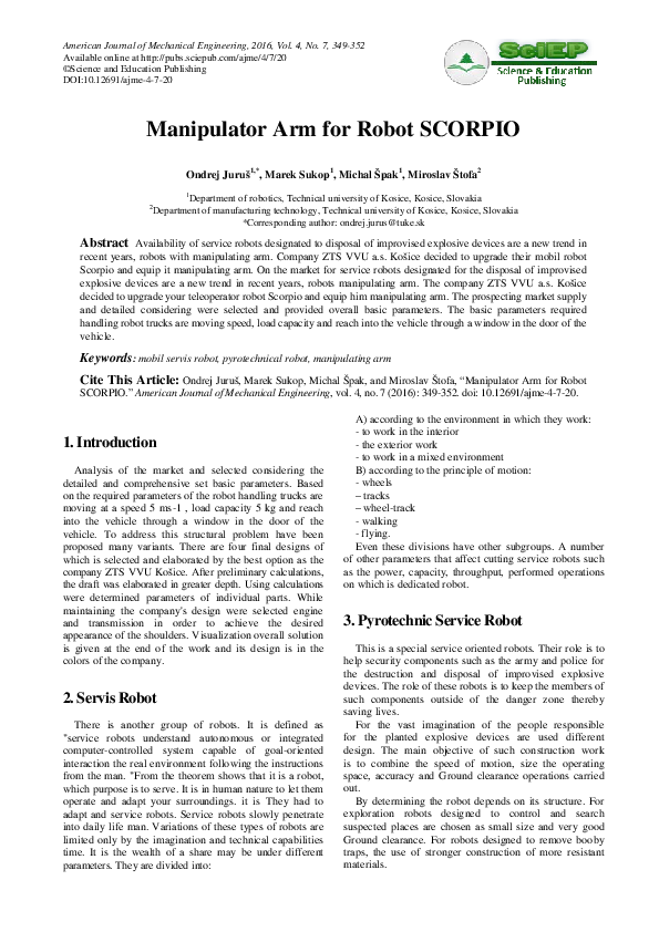 (PDF) Manipulator Arm for Robot SCORPIO