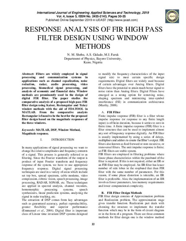 (PDF) Response Analysis of Fir High Pass Filter Design Using Window Methods