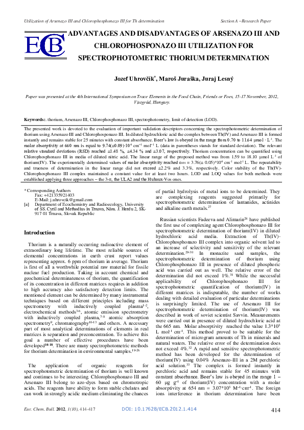 (PDF) ADVANTAGES AND DISADVANTAGES OF ARSENAZO III AND CHLOROPHOSPONAZO