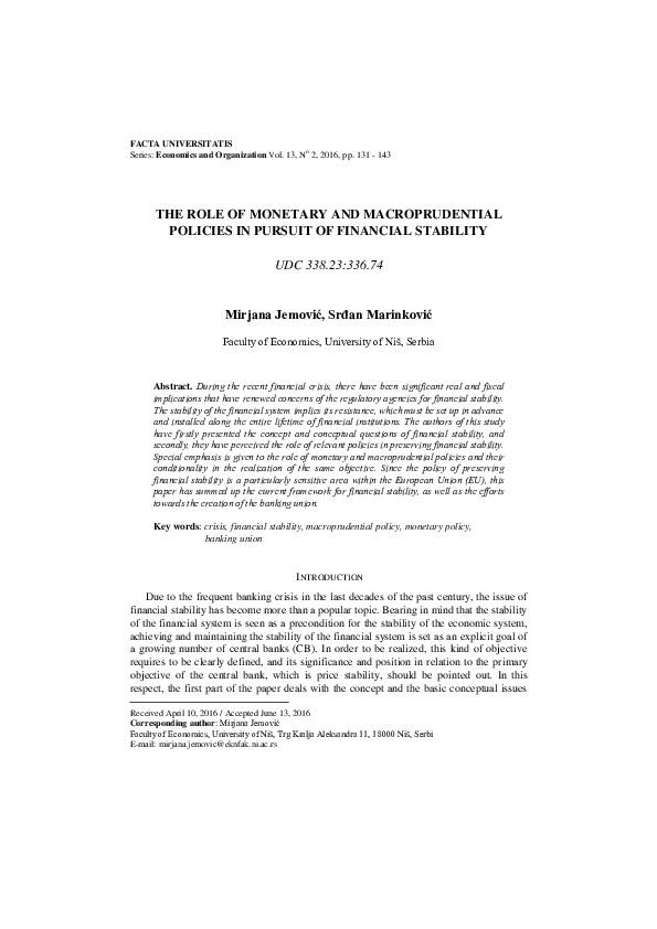 (PDF) The Role of Monetary and Macroprudential Policies in Pursuit of ...