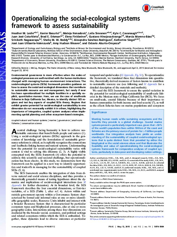 (PDF) Operationalizing the social-ecological systems framework to ...