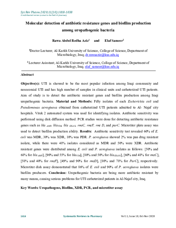 (PDF) Molecular detection of antibiotic resistance genes and biofilm ...