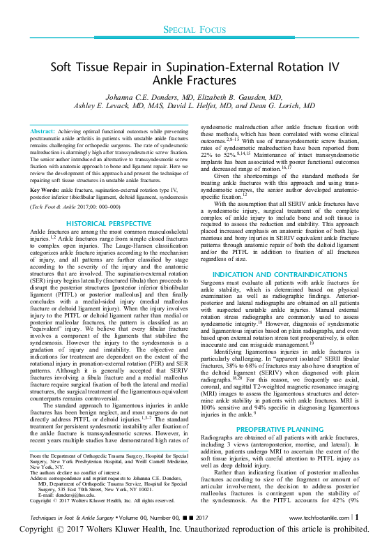 (PDF) Soft Tissue Repair in Supination-External Rotation IV Ankle Fractures