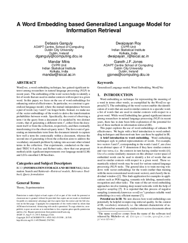 (PDF) Word Embedding based Generalized Language Model for Information ...